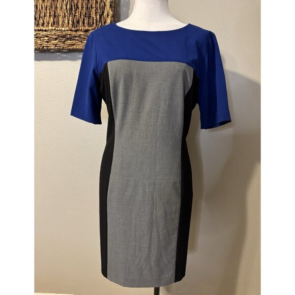 Tahari Dress 14 Black Blue Gray Colorblock Short Sleeve Sheath Career Church - Picture 4 of 11